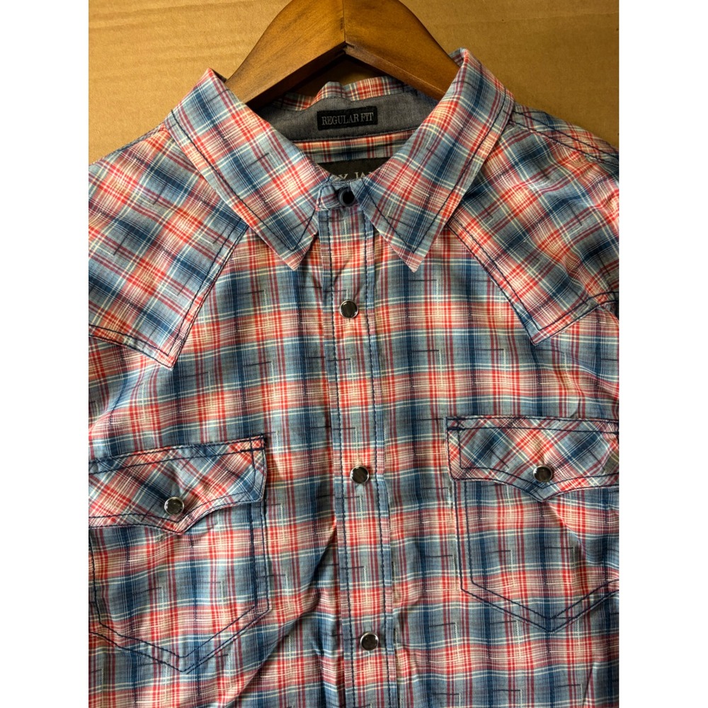 Cody James Western Shirt Mens Large Blue Red Plaid Snap Front Regular Fit Yoke - Picture 1 of 7